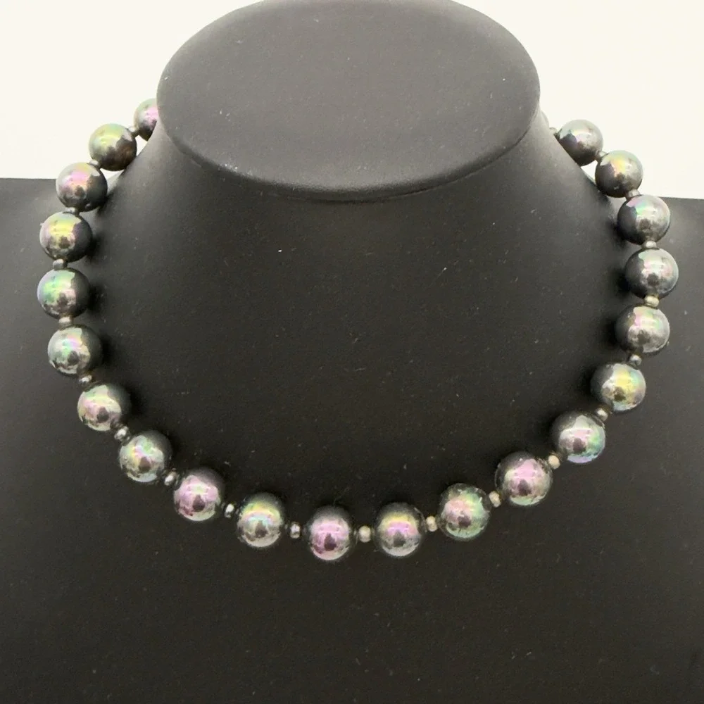 Vintage Peacock Faux Pearl Necklace 12.4 Mm Oilslick Sterling Silver Clasp 16